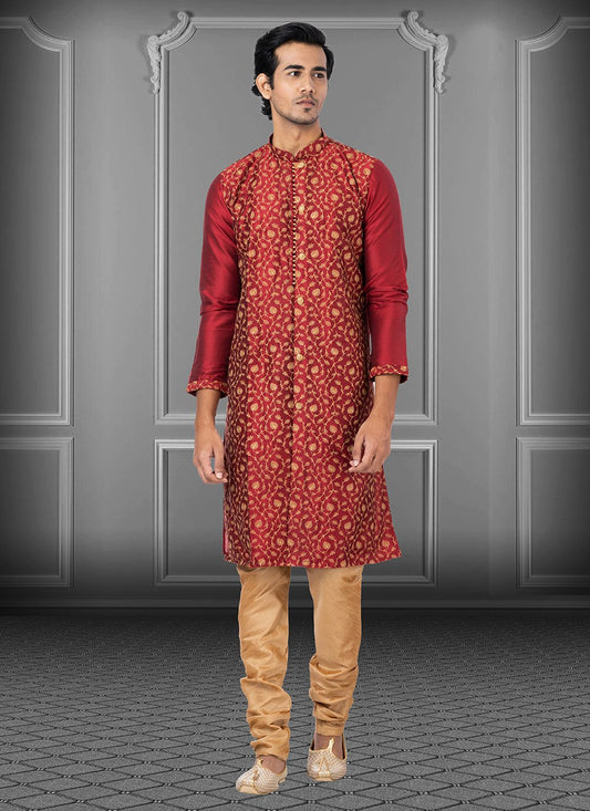 Kurta Pyjama Dupion Silk Red Embroidered Mens