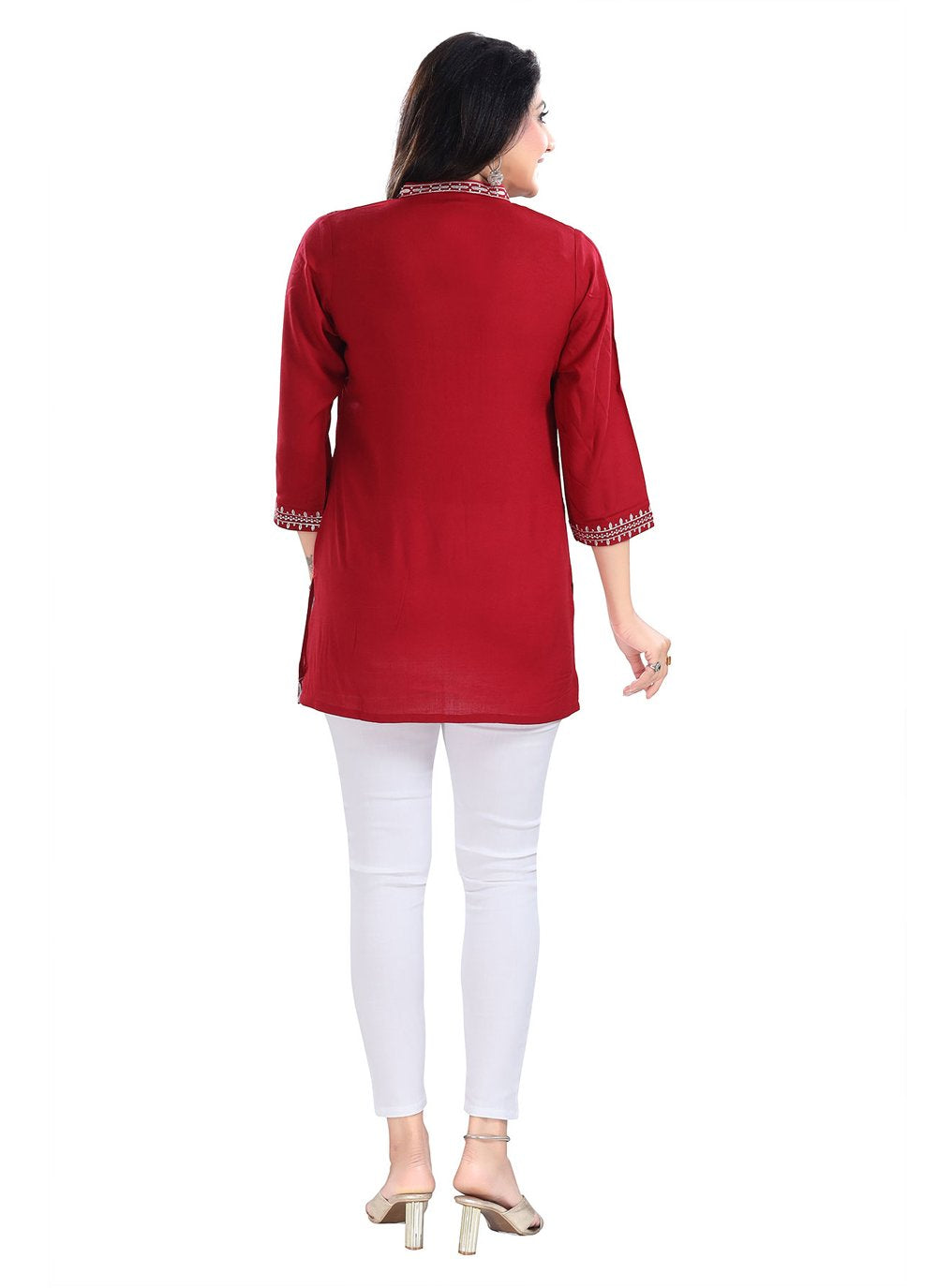 Designer Kurti Viscose Red Embroidered Kurtis