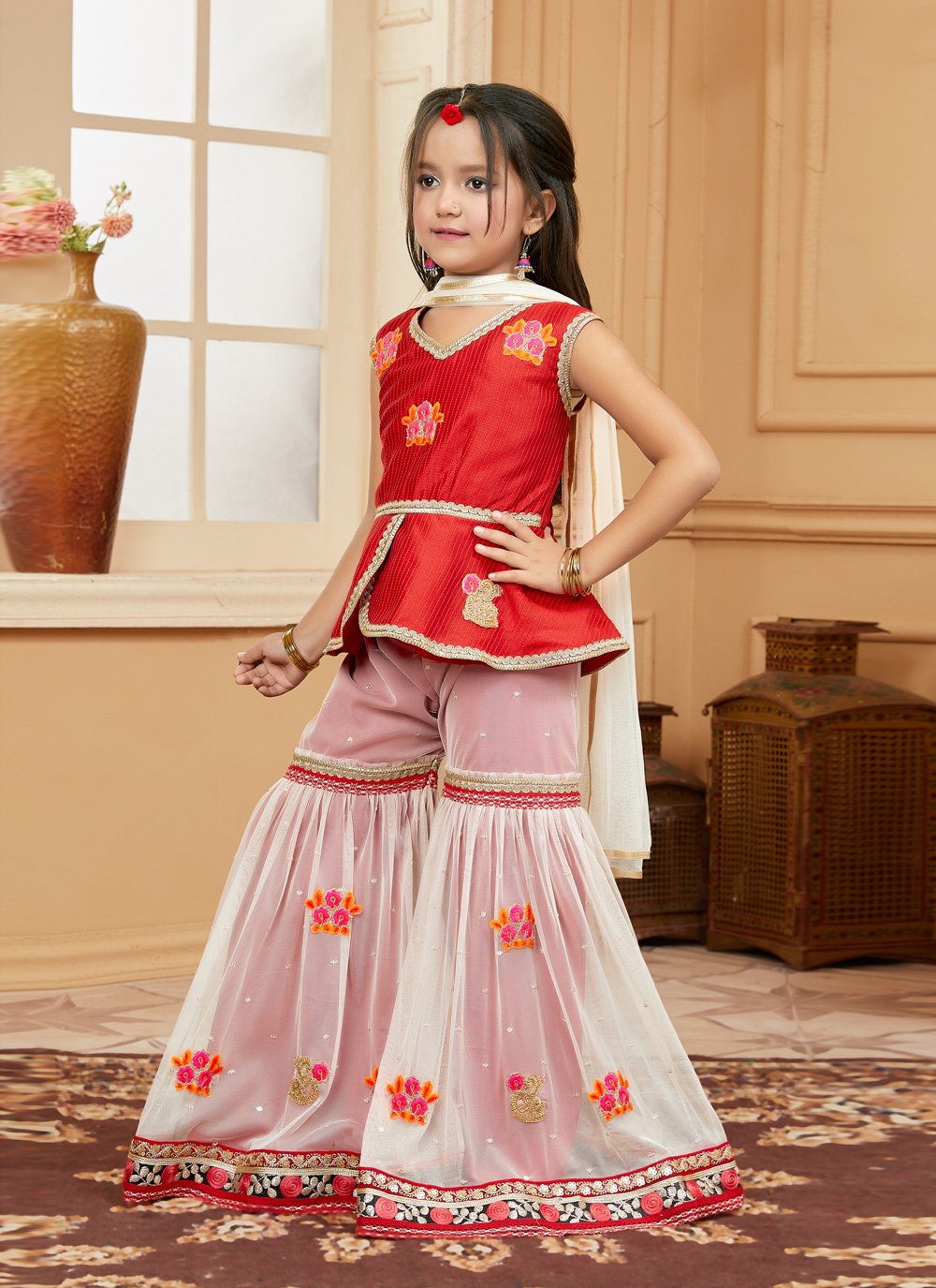 Sharara Set Art Silk Red Embroidered Kids