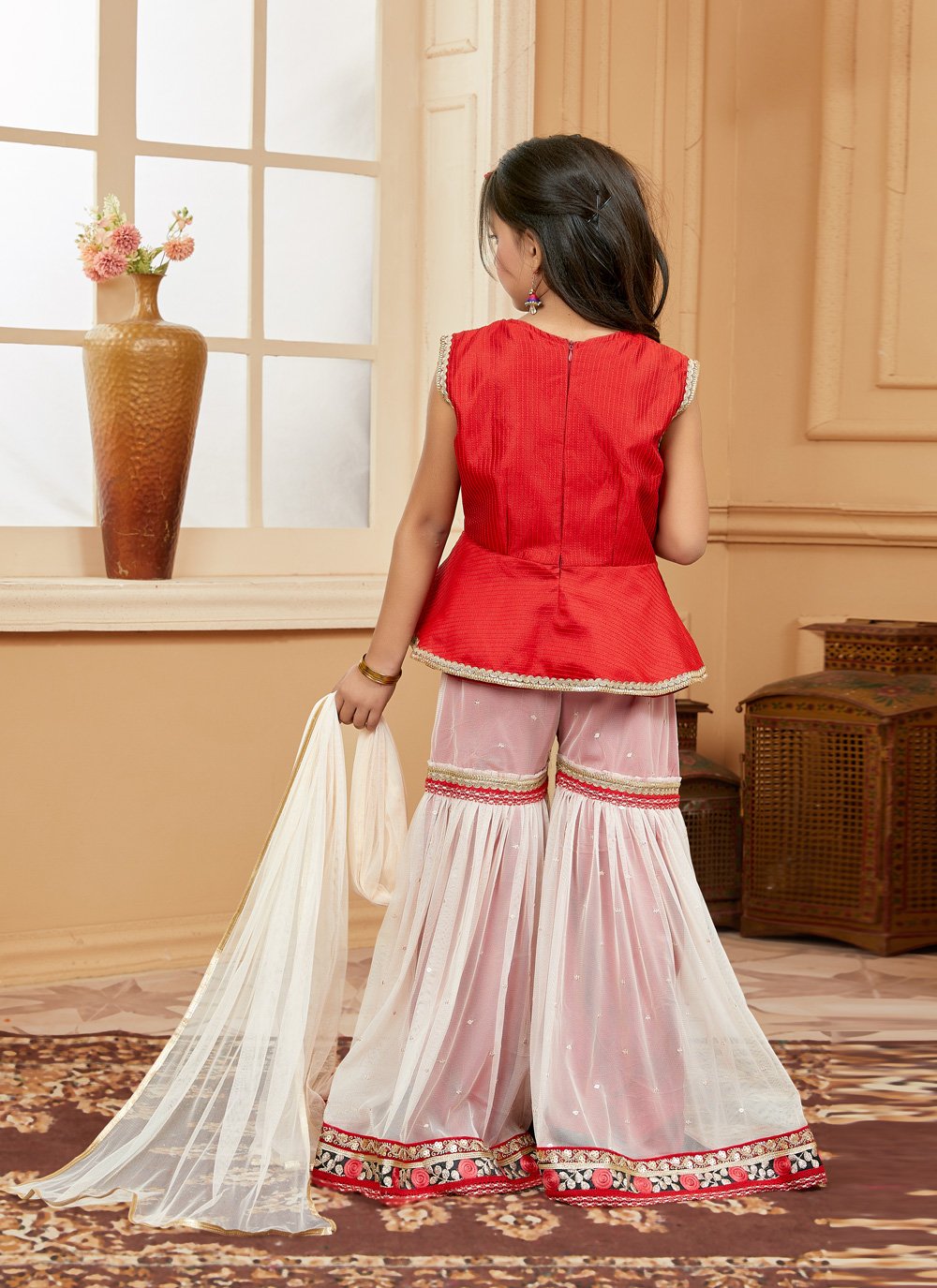 Sharara Set Art Silk Red Embroidered Kids