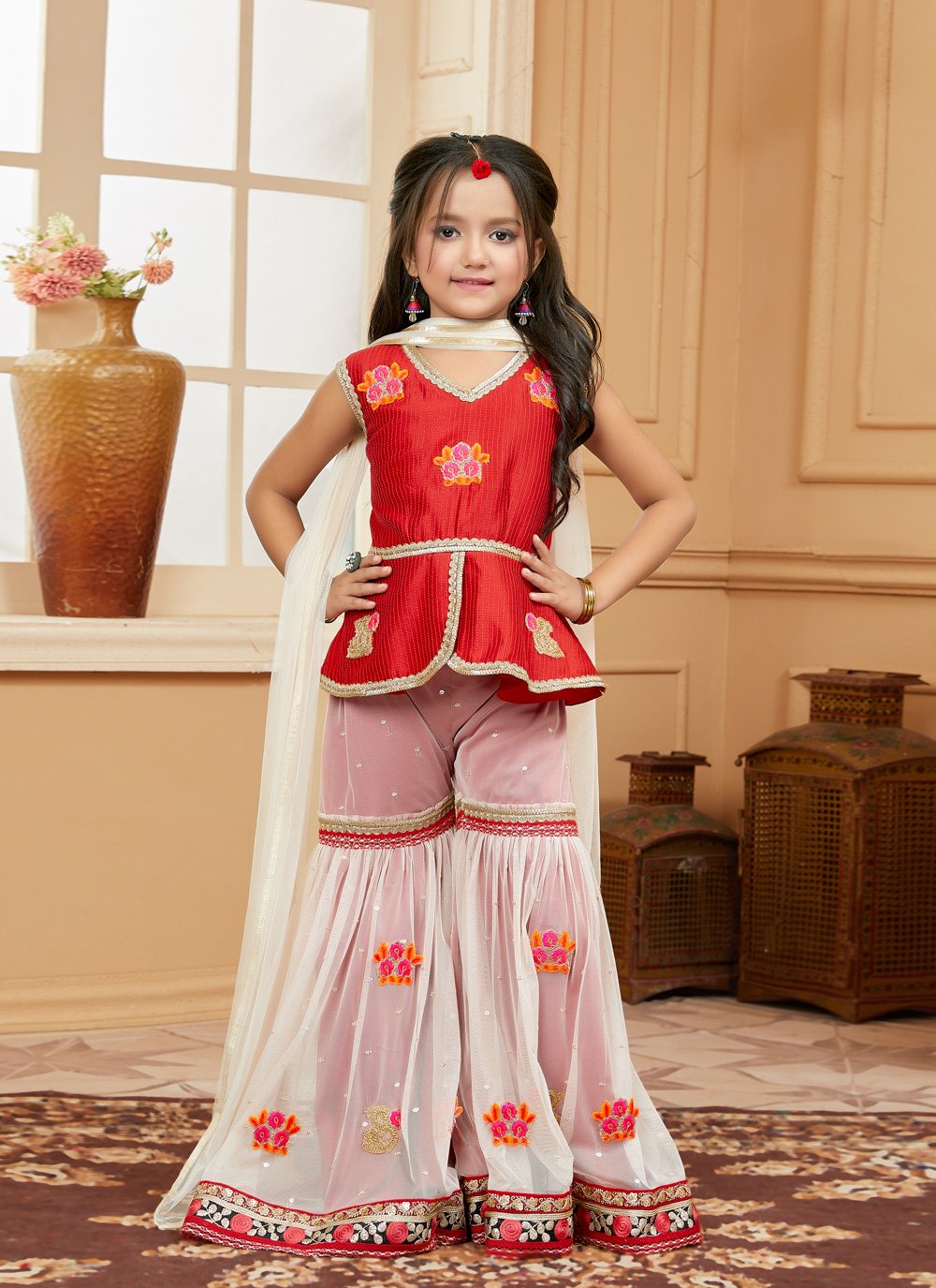 Sharara Set Art Silk Red Embroidered Kids