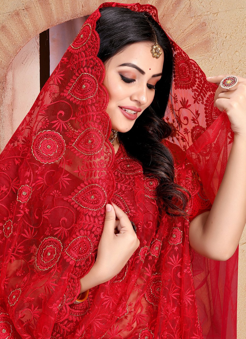 Contemporary Net Red Embroidered Saree