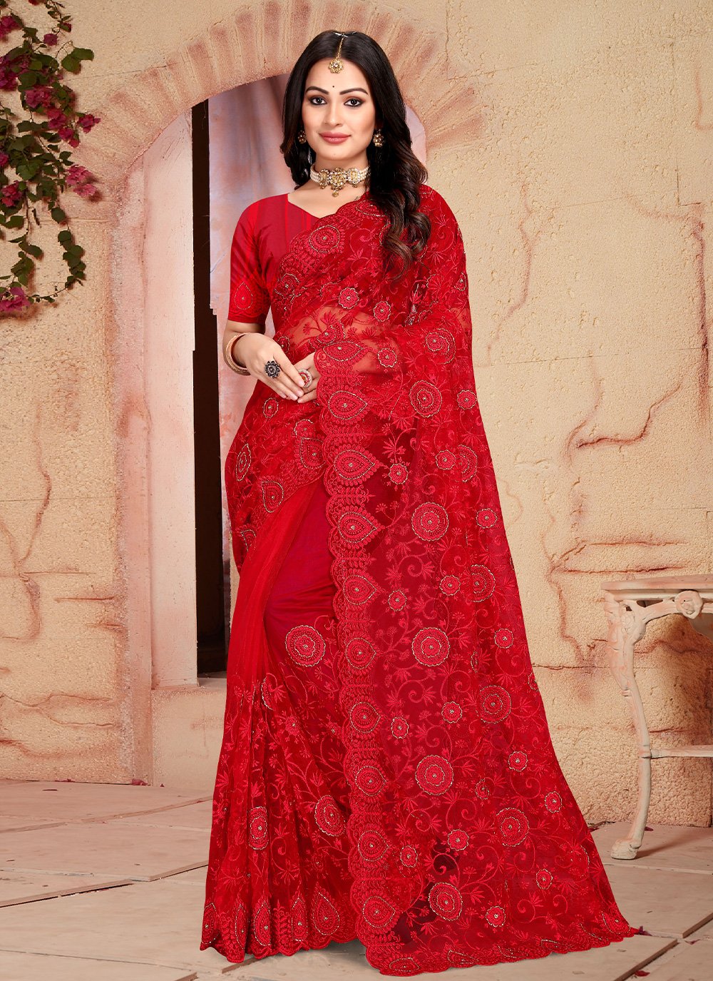 Contemporary Net Red Embroidered Saree