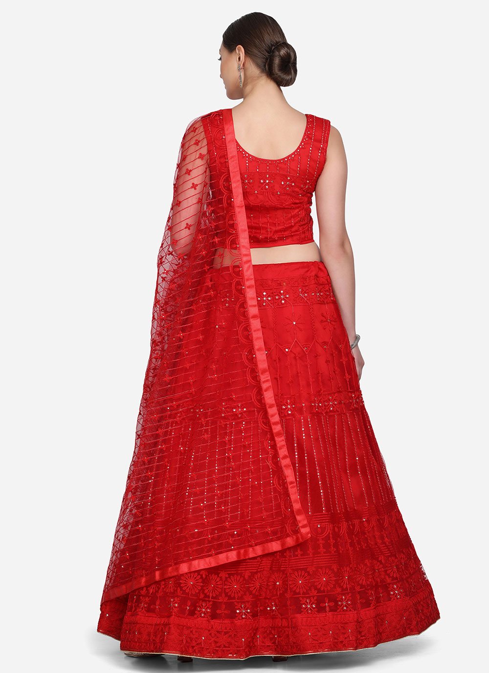 Lehenga Choli Net Red Embroidered Lehenga Choli