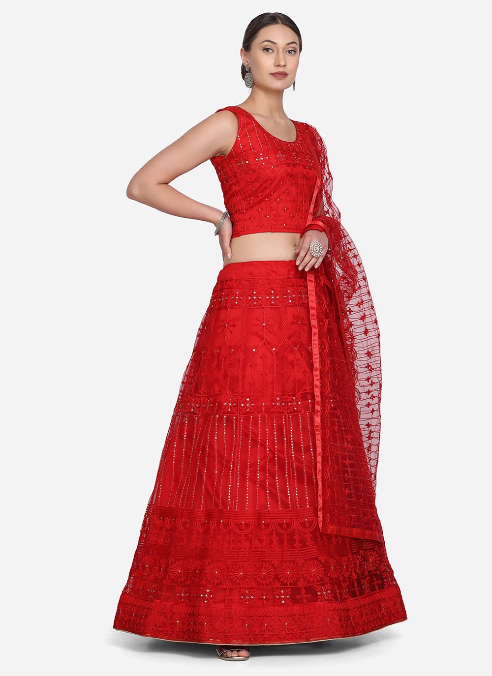 Lehenga Choli Net Red Embroidered Lehenga Choli