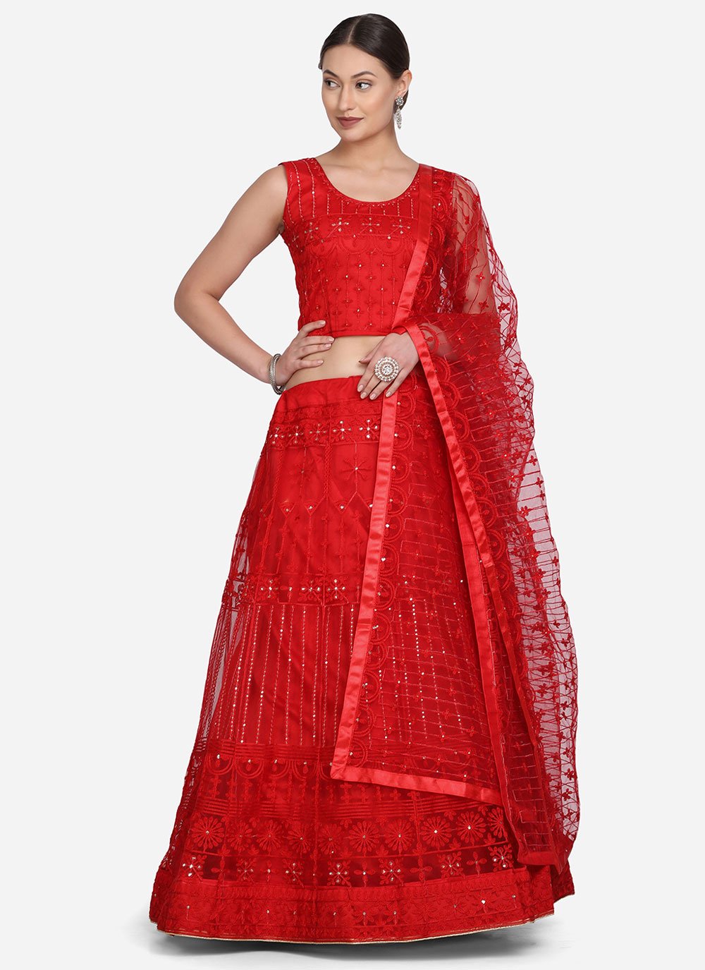 Lehenga Choli Net Red Embroidered Lehenga Choli