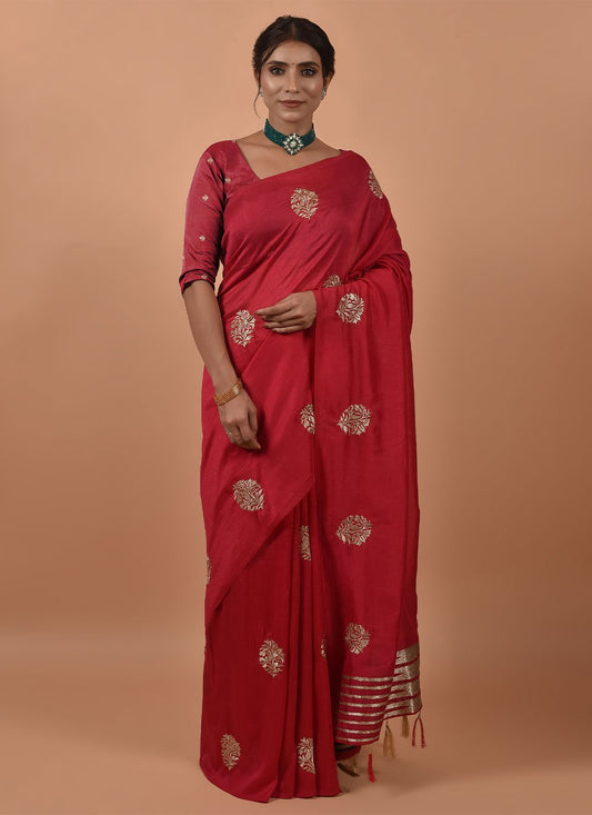 Classic Poly Silk Red Embroidered Saree