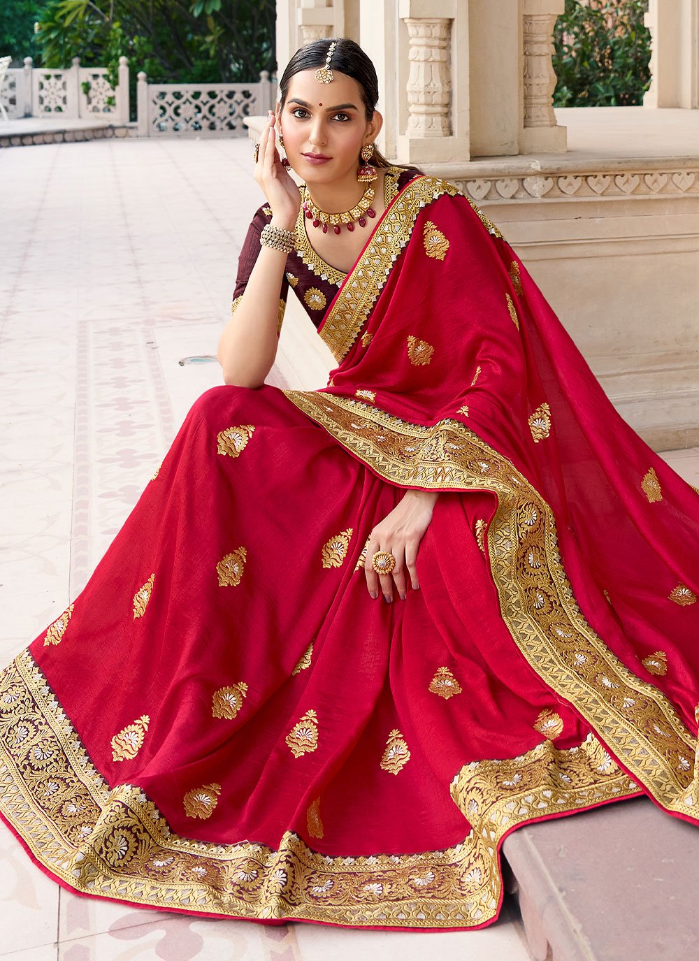 Classic Vichitra Silk Red Embroidered Saree