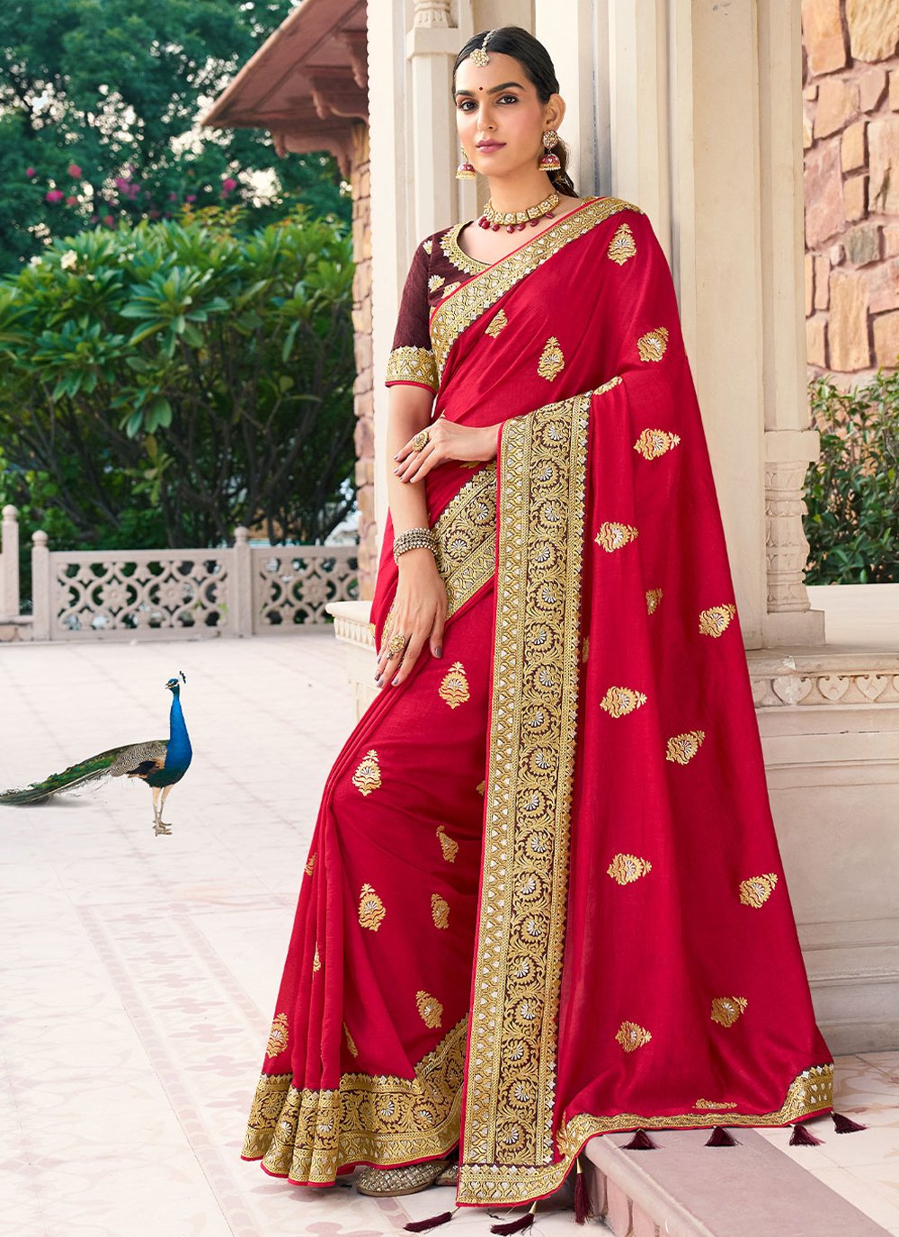 Classic Vichitra Silk Red Embroidered Saree