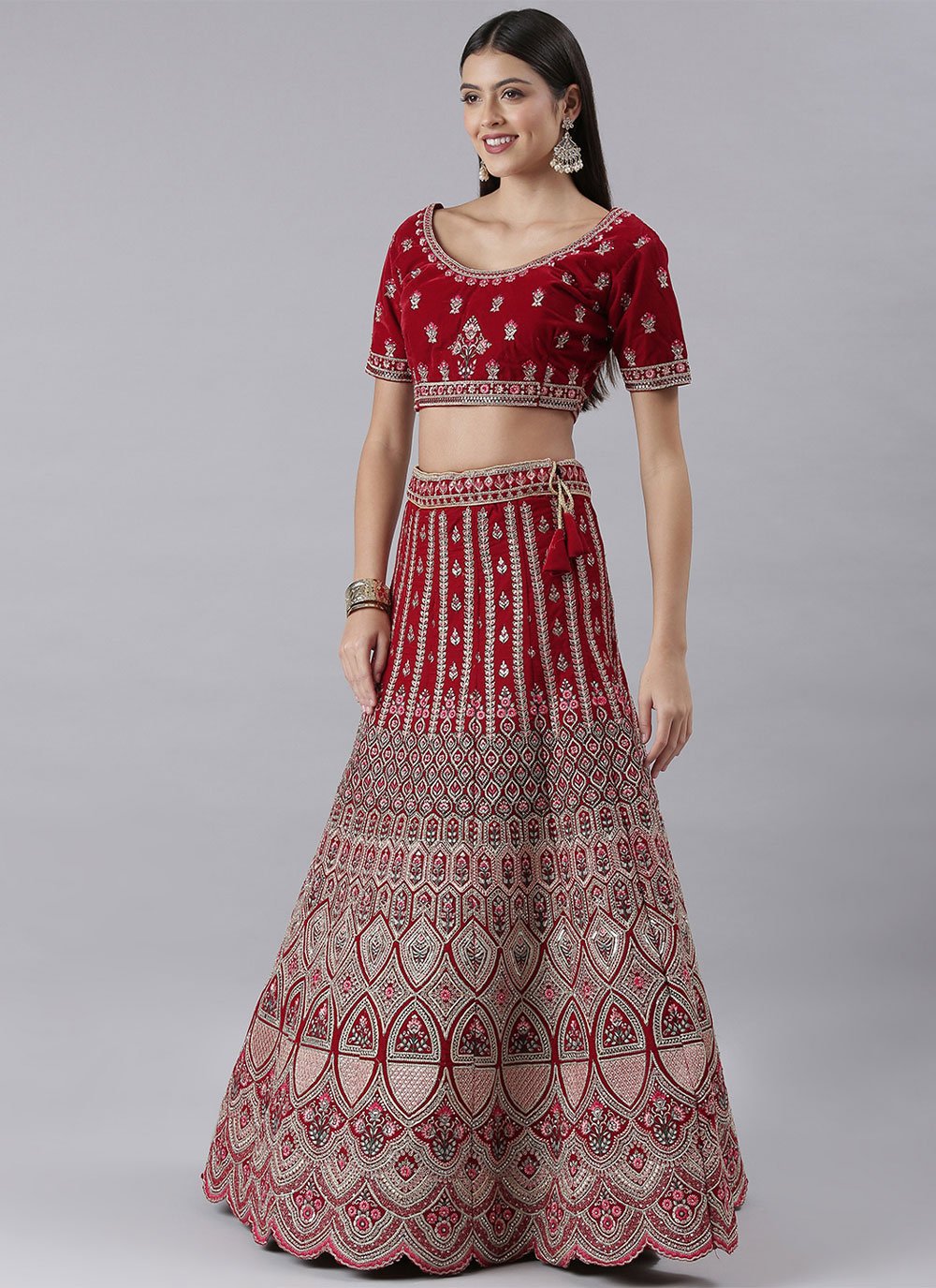 A Line Lehenga Silk Red Embroidered Lehenga Choli