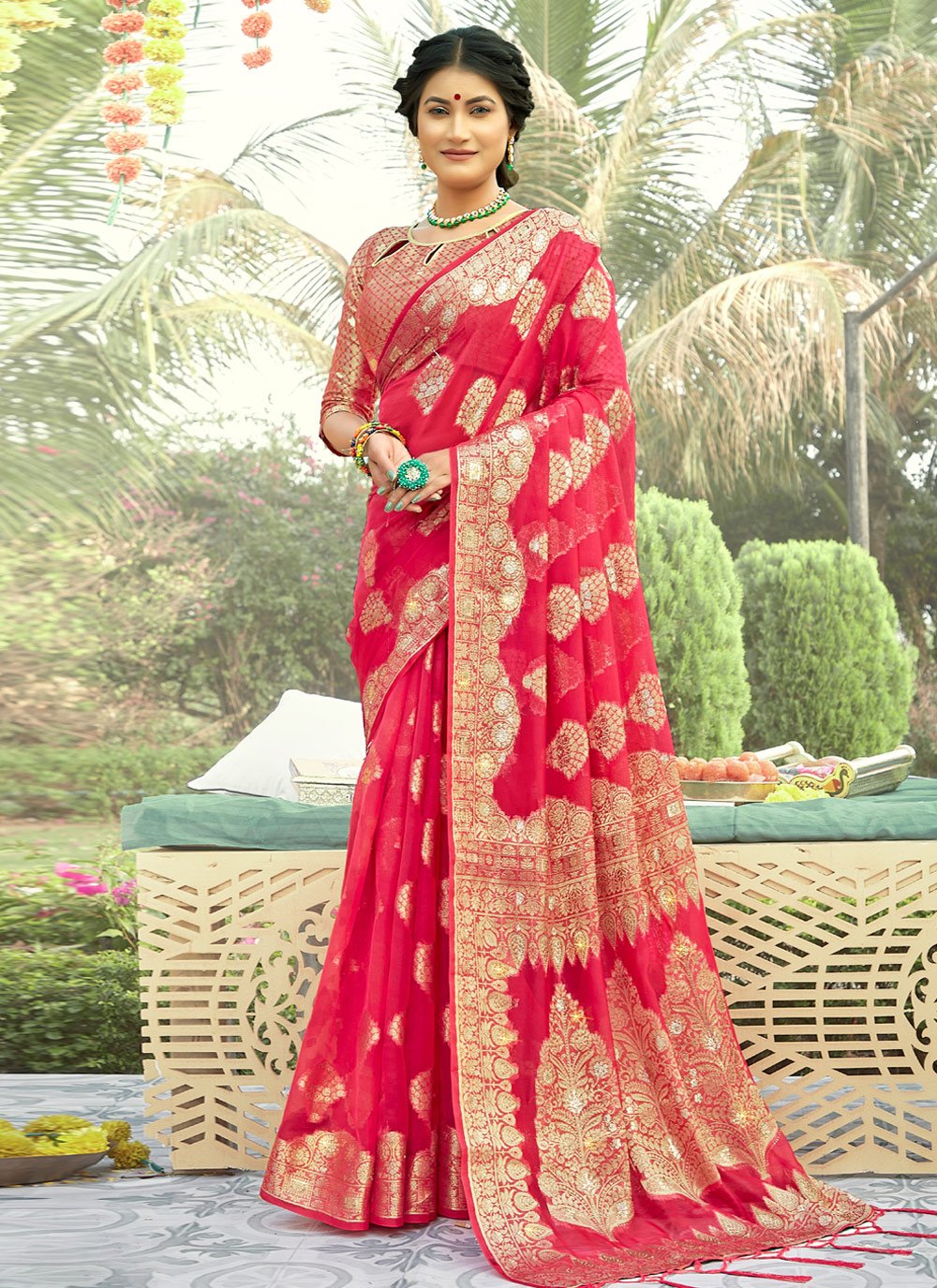 Traditional Saree Organza Red Embroidered Saree