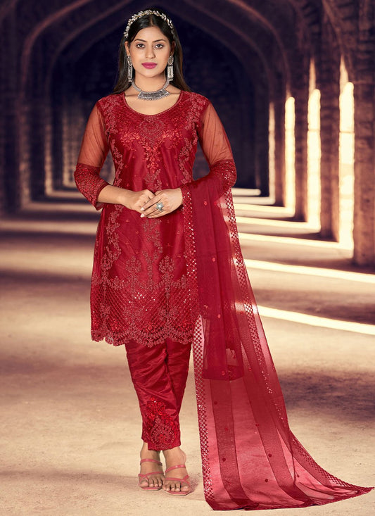 Salwar Suit Net Red Embroidered Salwar Kameez