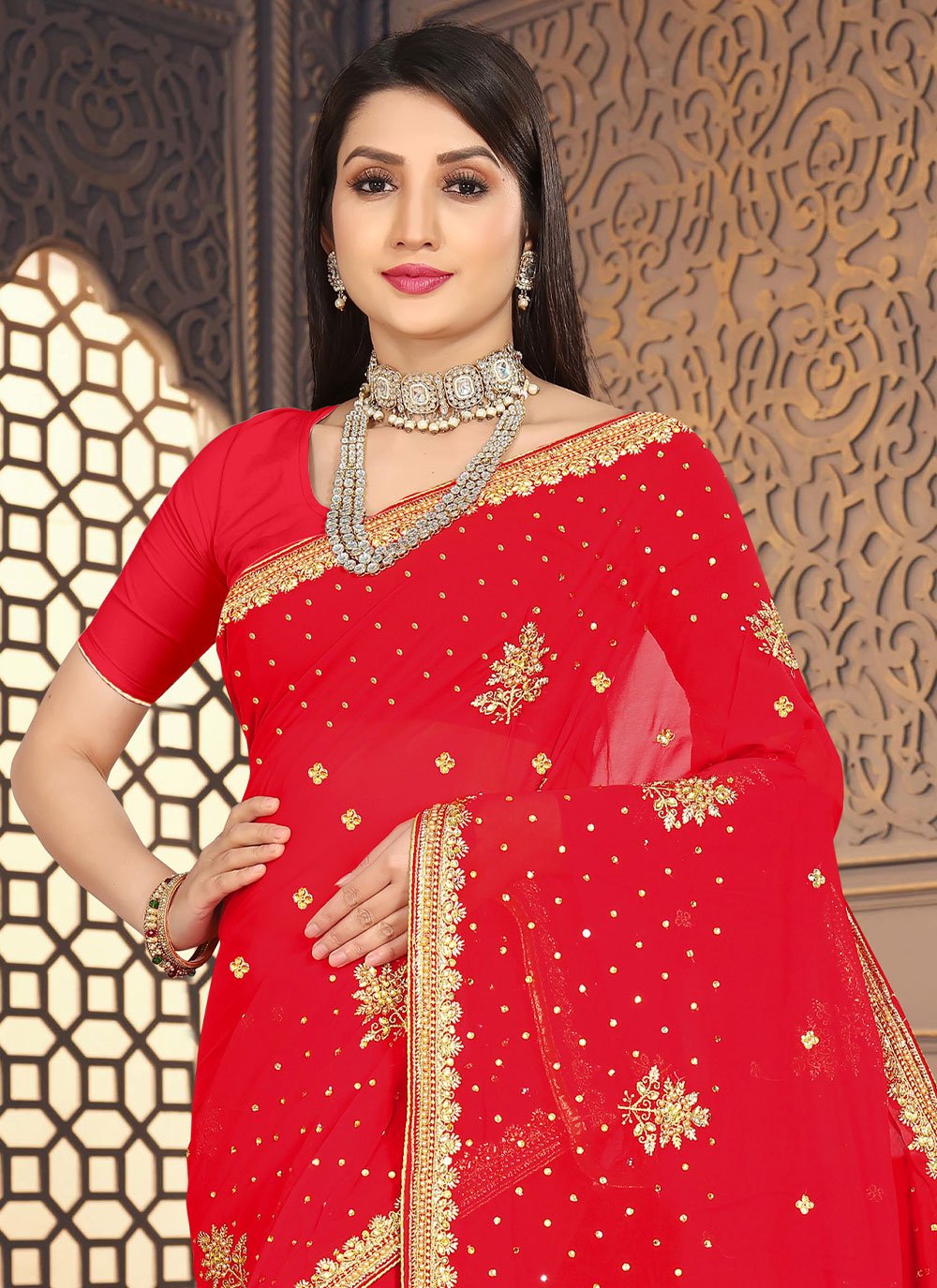 Trendy Saree Georgette Red Embroidered Saree