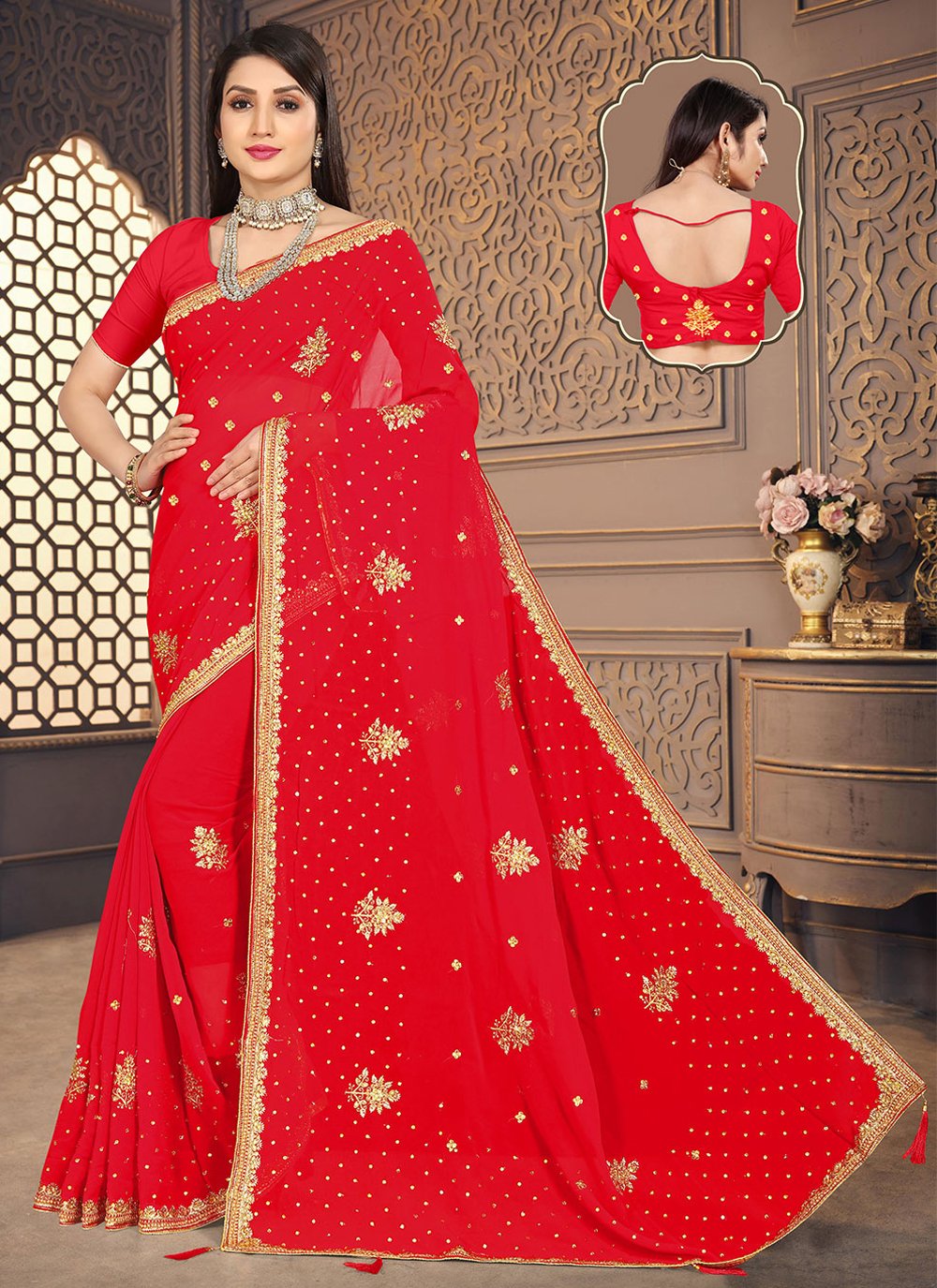 Trendy Saree Georgette Red Embroidered Saree