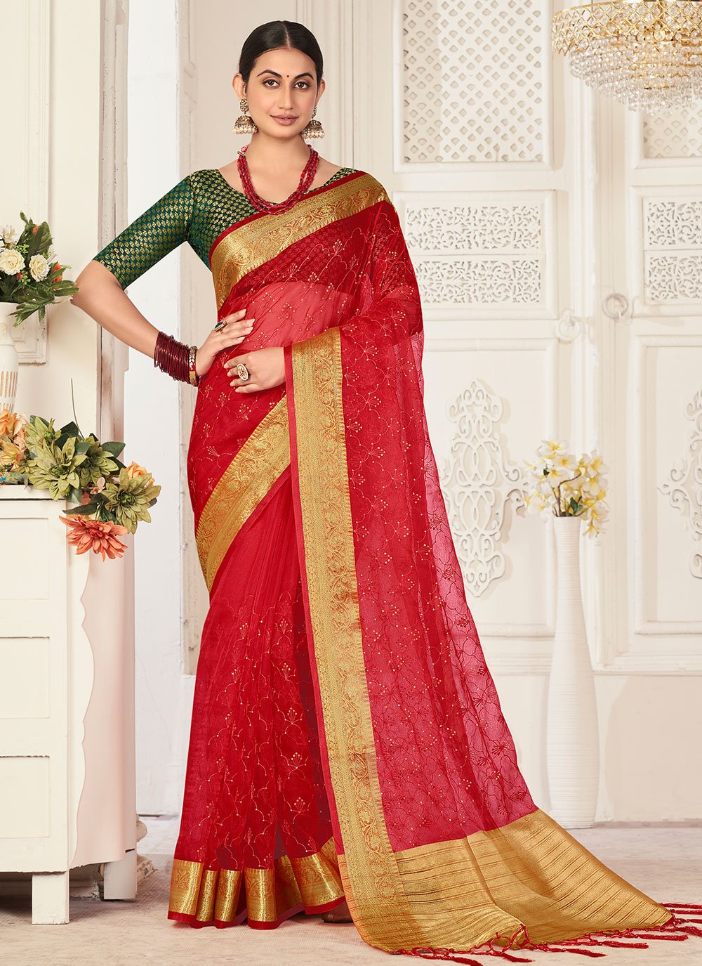 Trendy Saree Organza Red Embroidered Saree