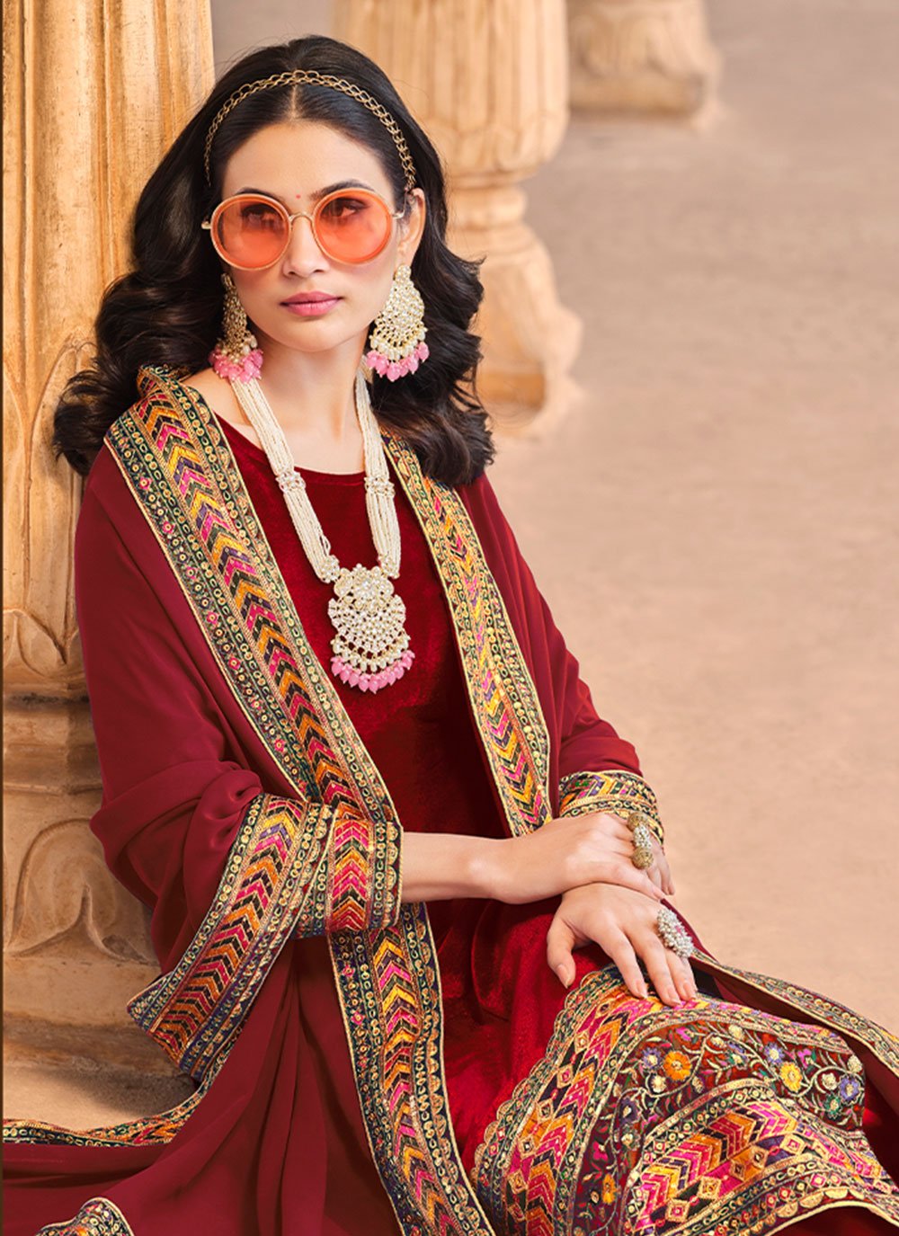 Straight Salwar Suit Velvet Red Embroidered Salwar Kameez