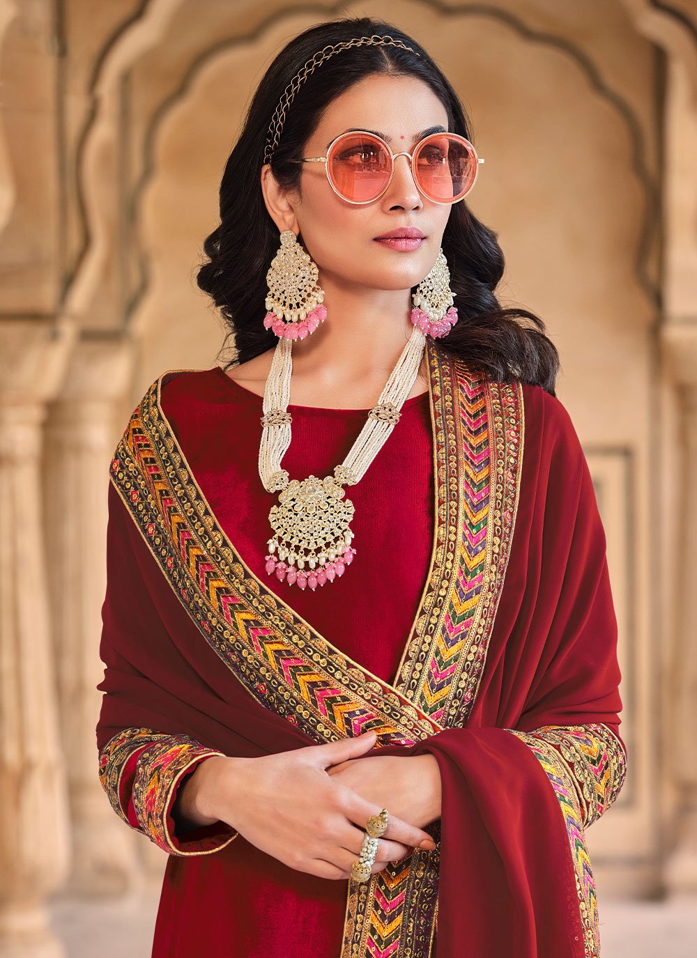 Straight Salwar Suit Velvet Red Embroidered Salwar Kameez