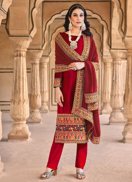 Straight Salwar Suit Velvet Red Embroidered Salwar Kameez