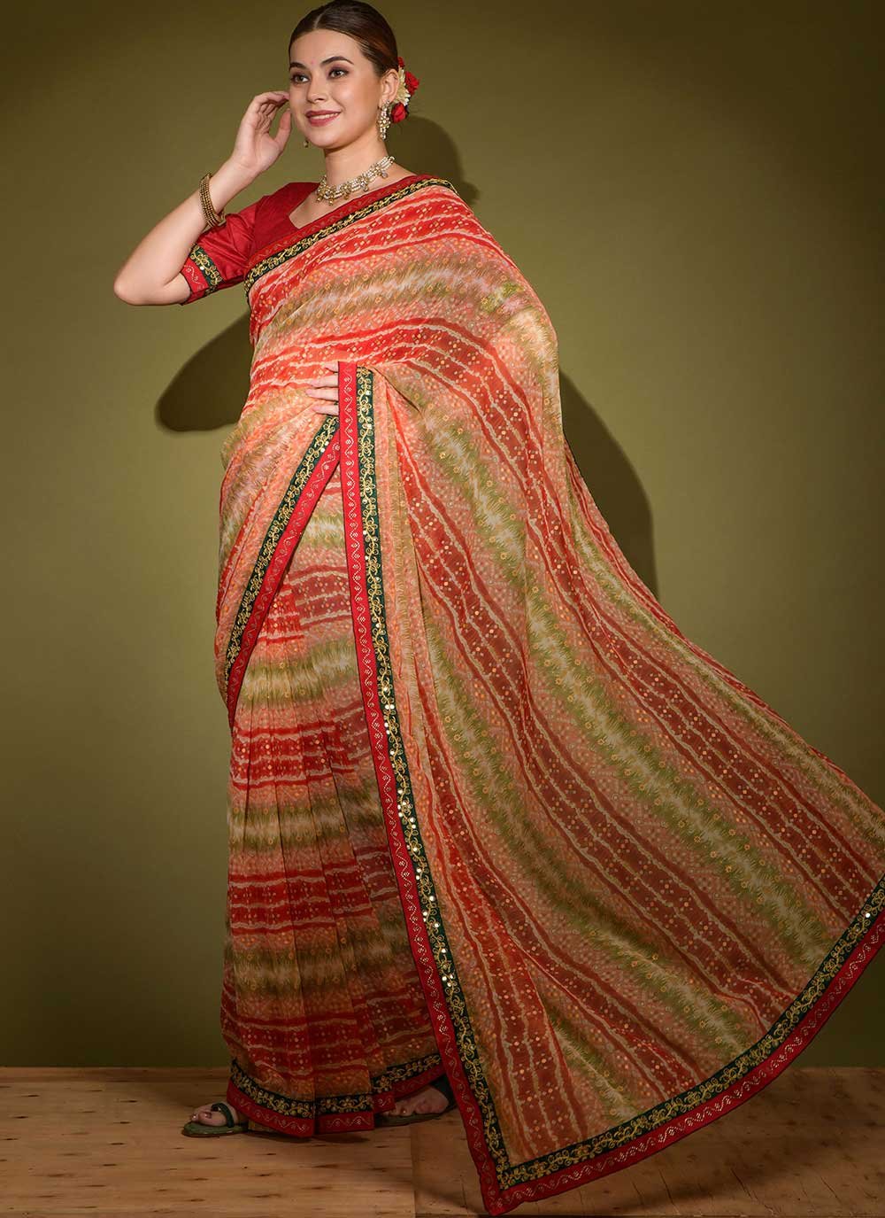 Classic Georgette Red Foil Print Saree