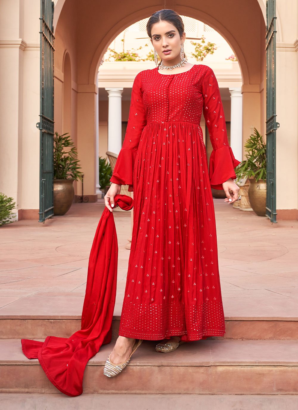 Floor Lenght Salwar Suit Chinon Red Embroidered Salwar Kameez