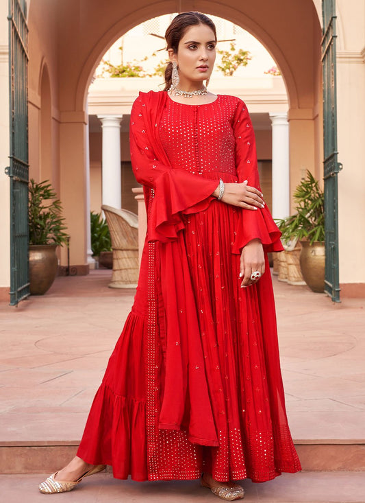 Floor Lenght Salwar Suit Chinon Red Embroidered Salwar Kameez