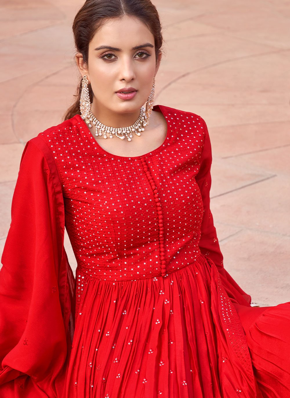 Floor Lenght Salwar Suit Chinon Red Embroidered Salwar Kameez