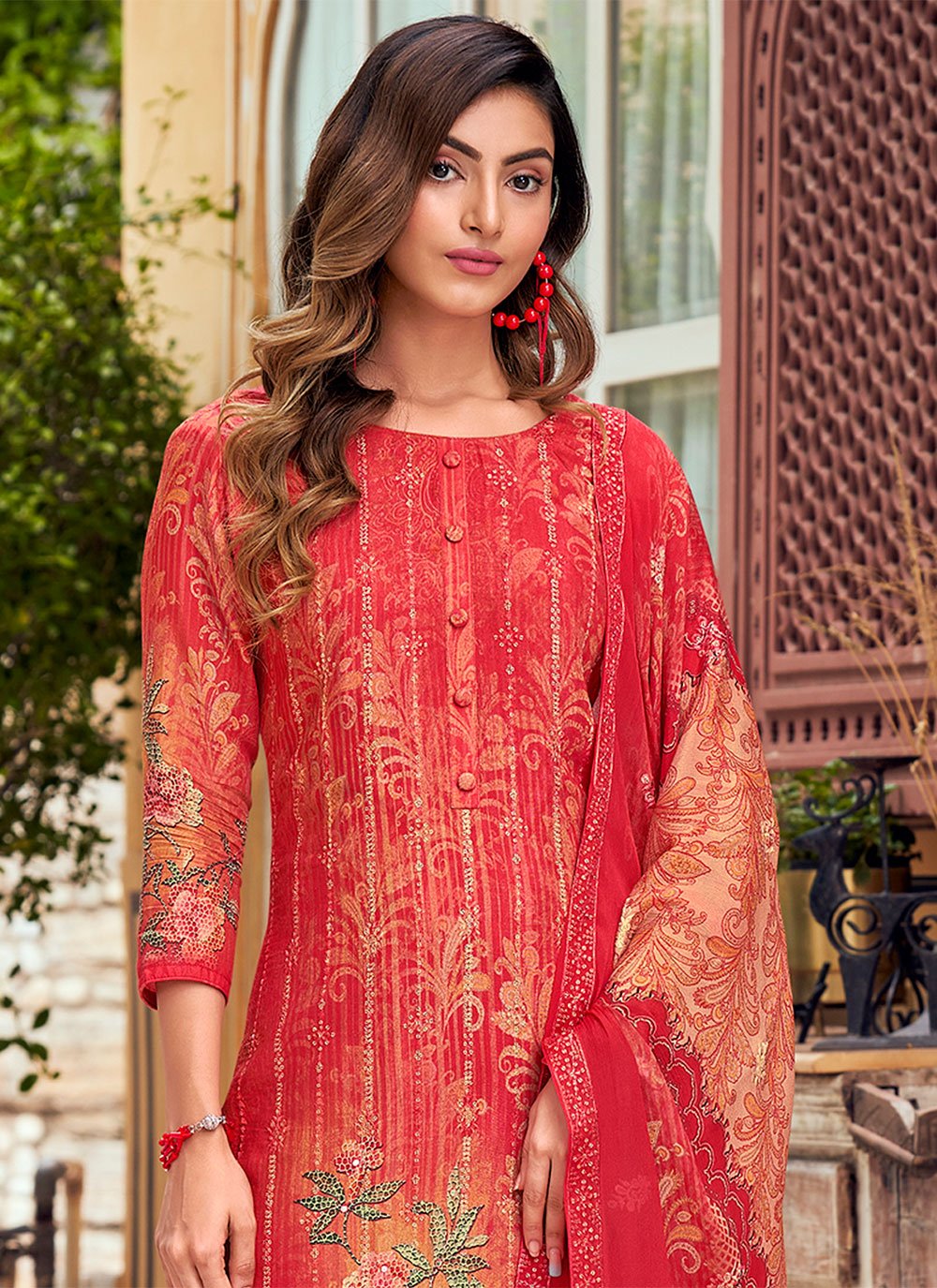 Salwar Suit Muslin Red Embroidered Salwar Kameez