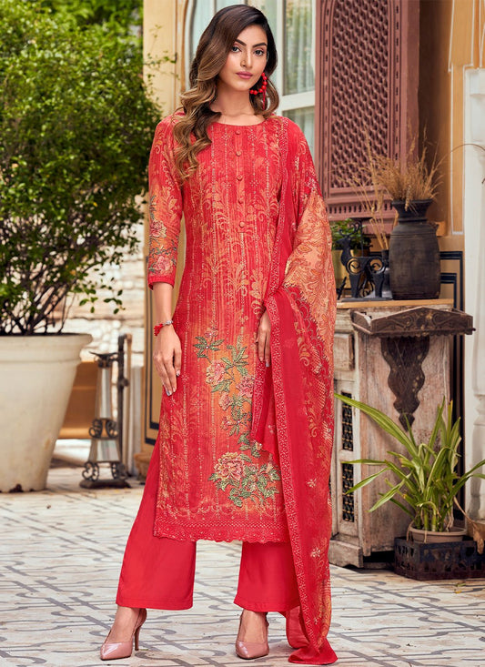 Salwar Suit Muslin Red Embroidered Salwar Kameez