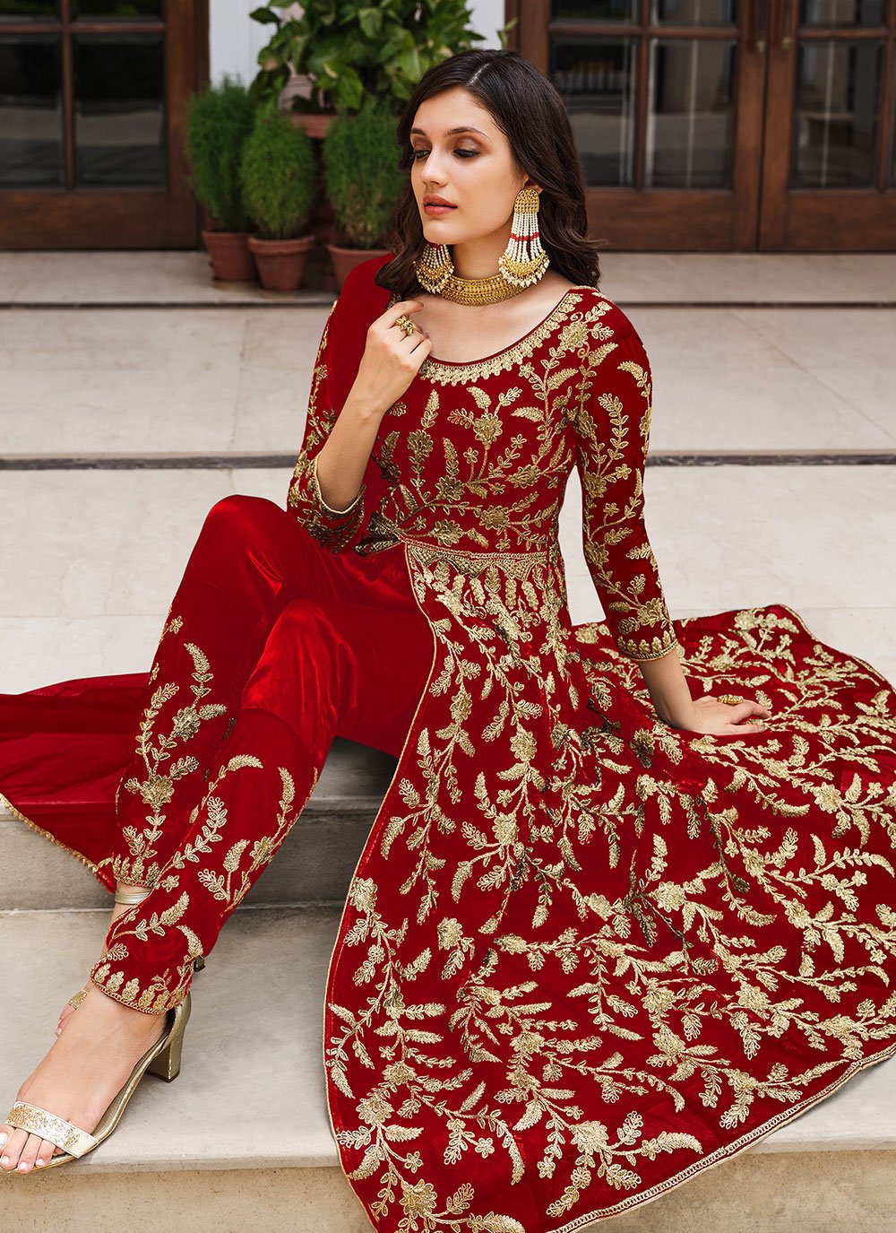 Trendy Suit Net Red Cord Work Salwar Kameez