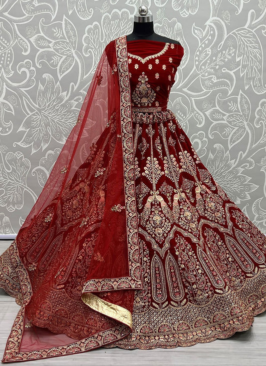 Lehenga Choli Velvet Red Dori Work Lehenga Choli