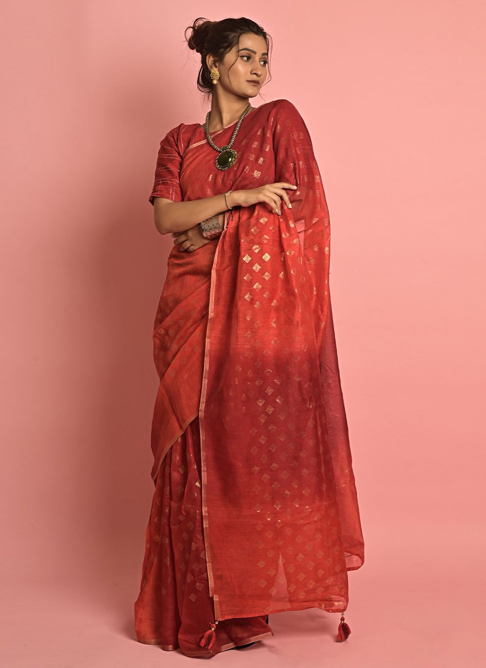 Contemporary Cotton Red Fancy Work Saree