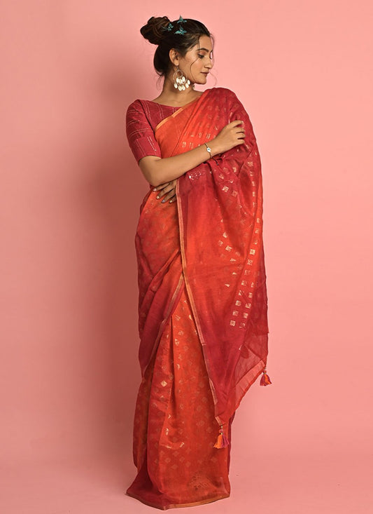 Contemporary Cotton Red Fancy Work Saree