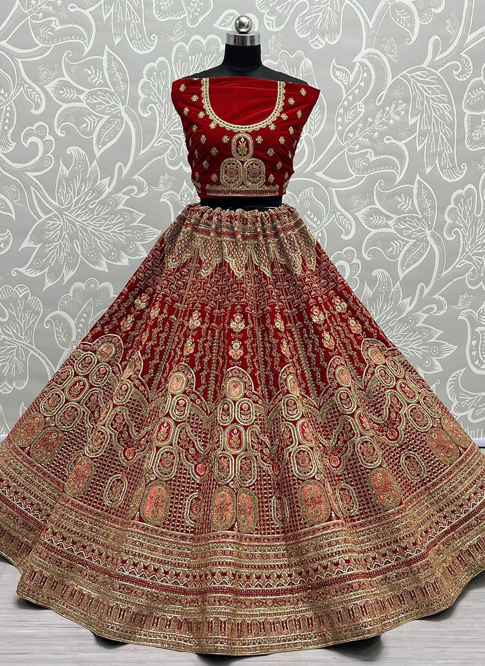 Lehenga Choli Velvet Red Diamond Lehenga Choli