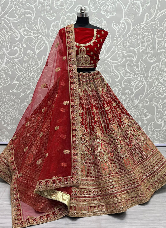 Lehenga Choli Velvet Red Diamond Lehenga Choli