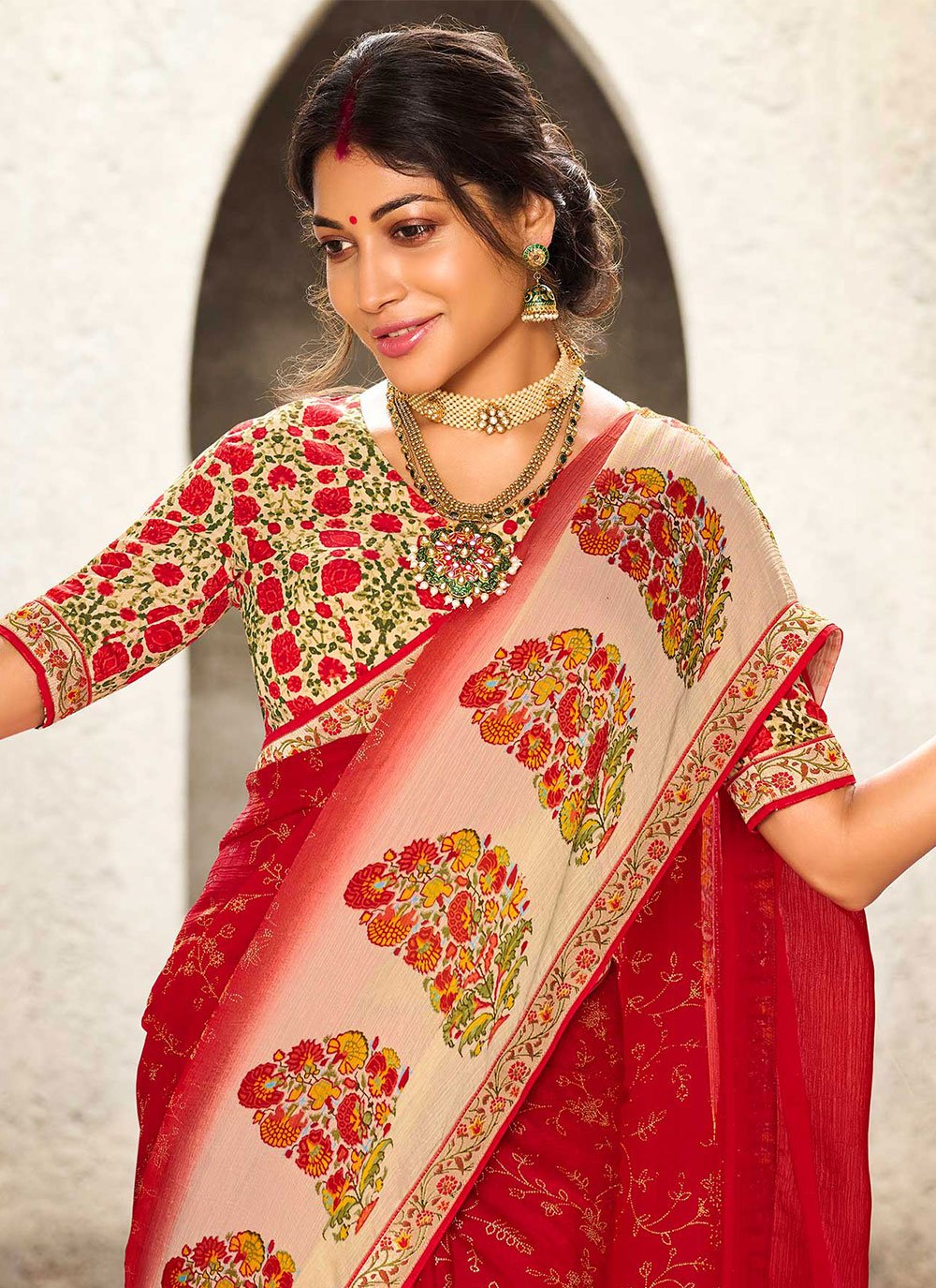 Classic Faux Chiffon Red Print Saree