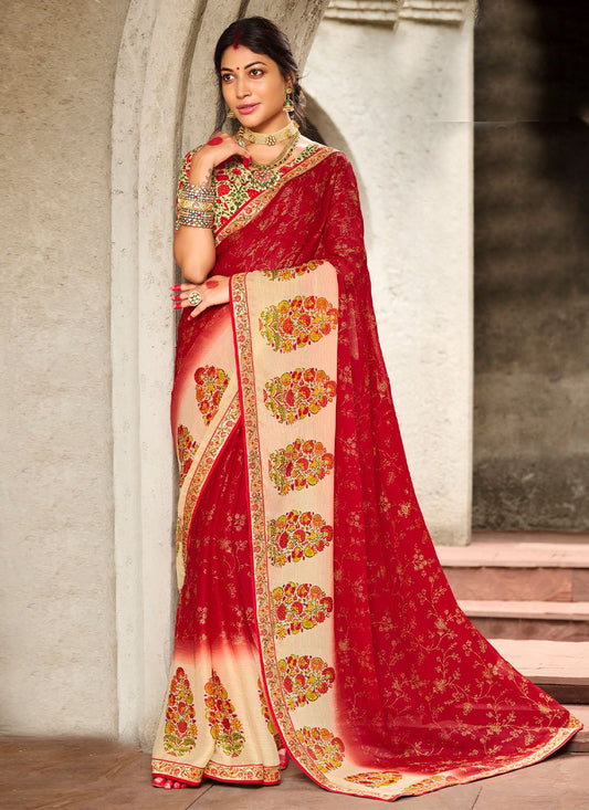 Classic Faux Chiffon Red Print Saree