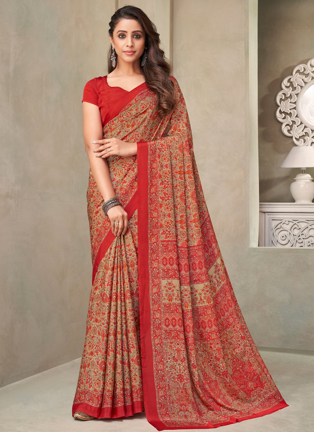 Trendy Saree Faux Crepe Silk Red Print Saree