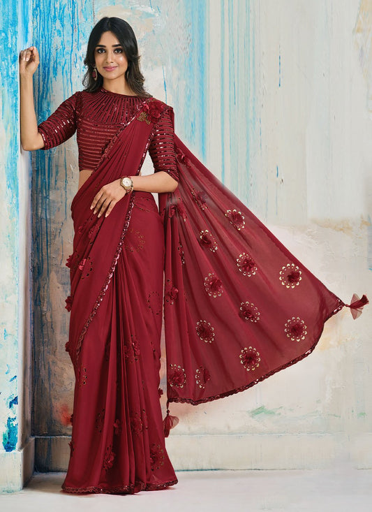 Trendy Saree Faux Crepe Red Fancy Work Saree