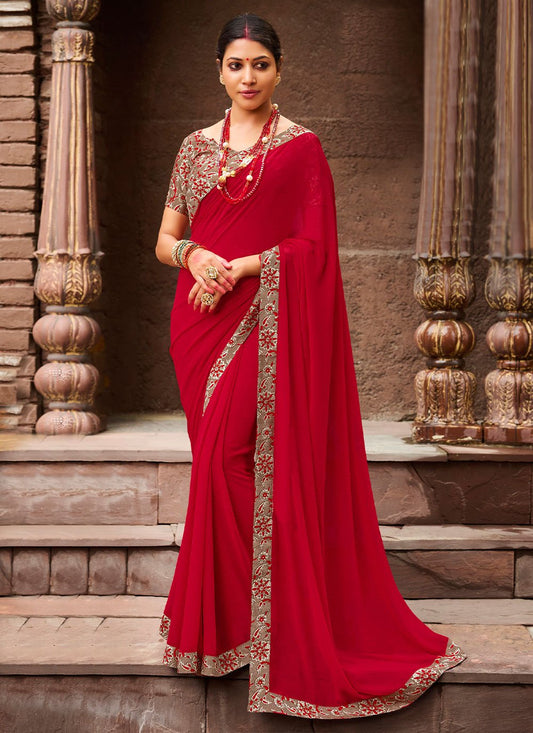 Contemporary Georgette Red Lace Saree