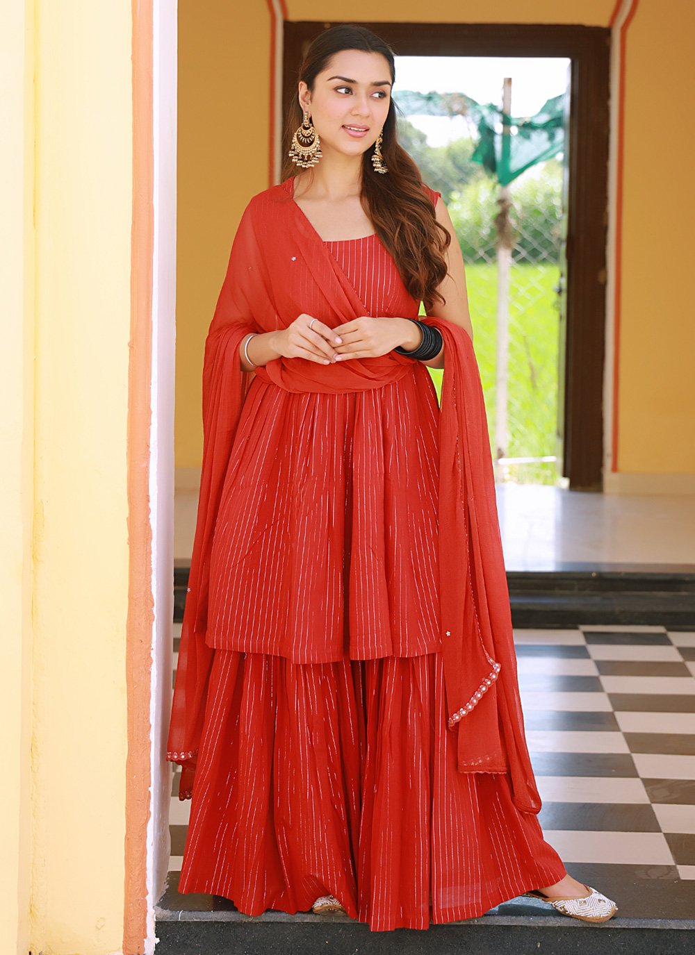 Salwar Suit Cotton Red Fancy Work Salwar Kameez