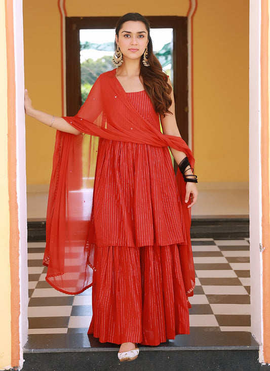 Salwar Suit Cotton Red Fancy Work Salwar Kameez