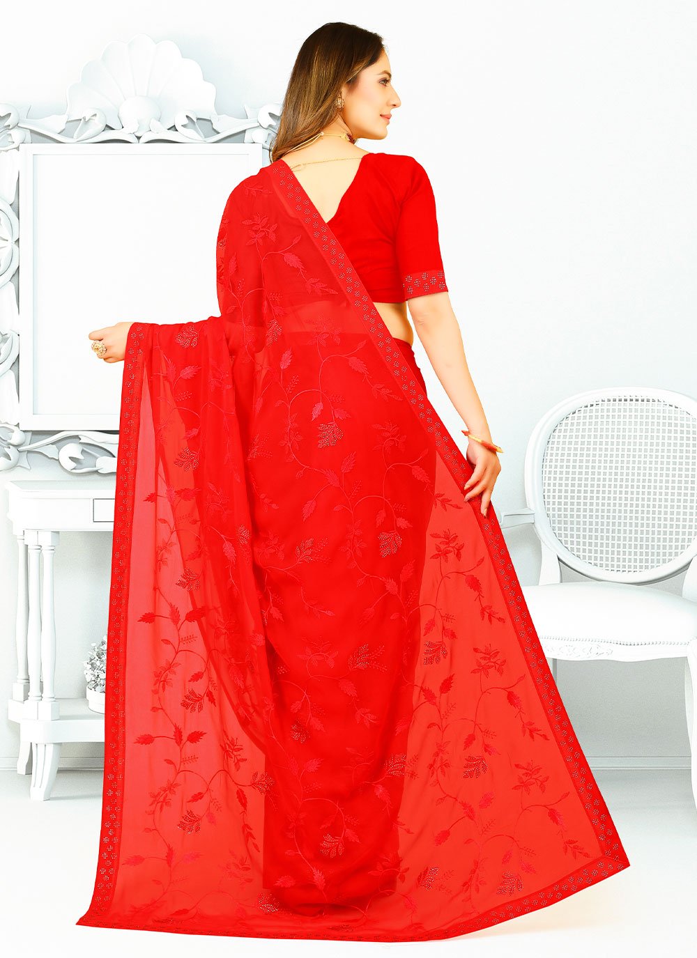 Classic Georgette Silk Red Patch Border Saree