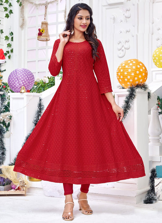 Gown Rayon Red Chikankari Work Gown