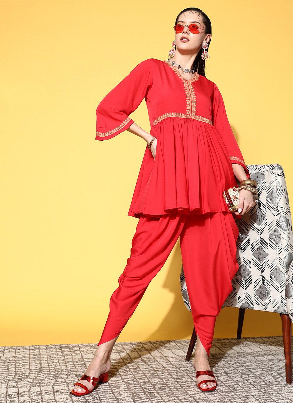 Party Wear Kurti Crepe Silk Red Lace Kurtis