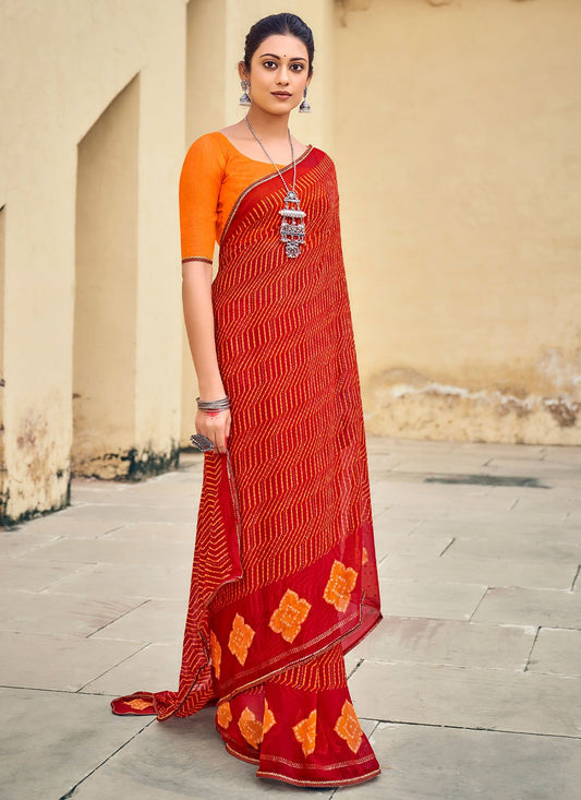 Classic Chiffon Red Foil Print Saree