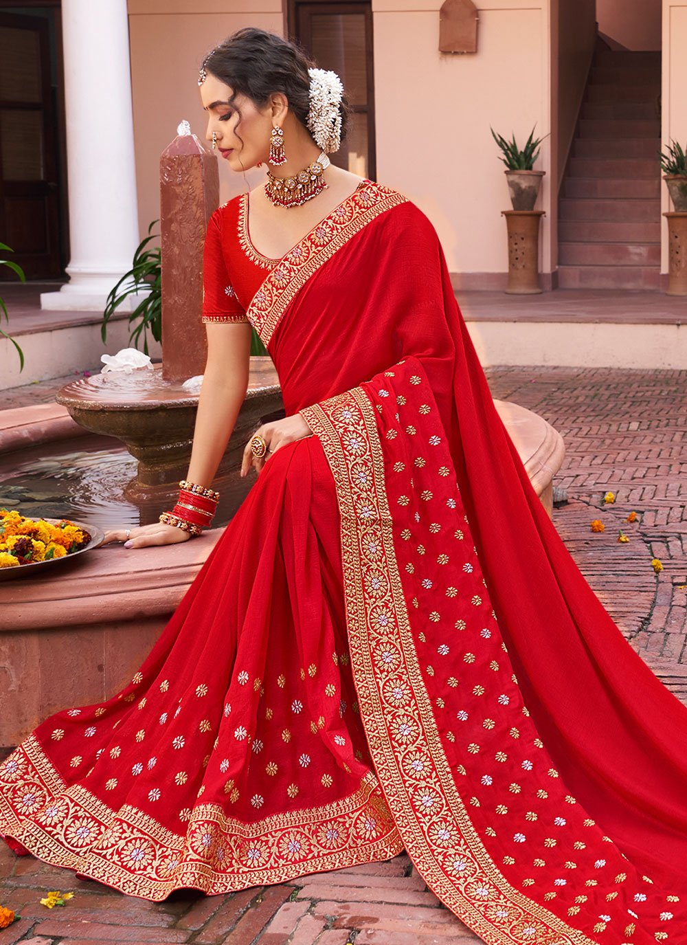 Trendy Saree Vichitra Silk Red Embroidered Saree