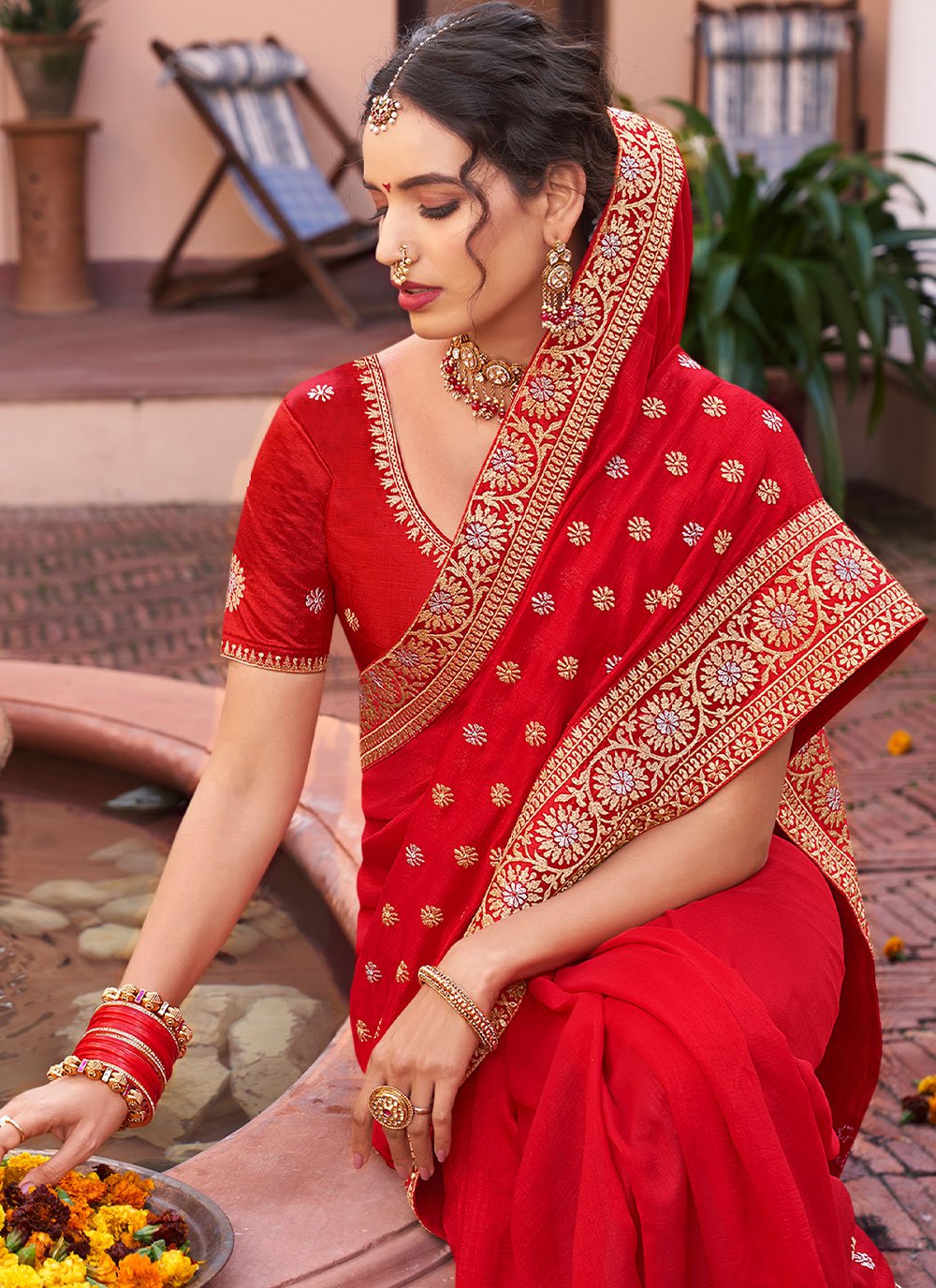 Trendy Saree Vichitra Silk Red Embroidered Saree