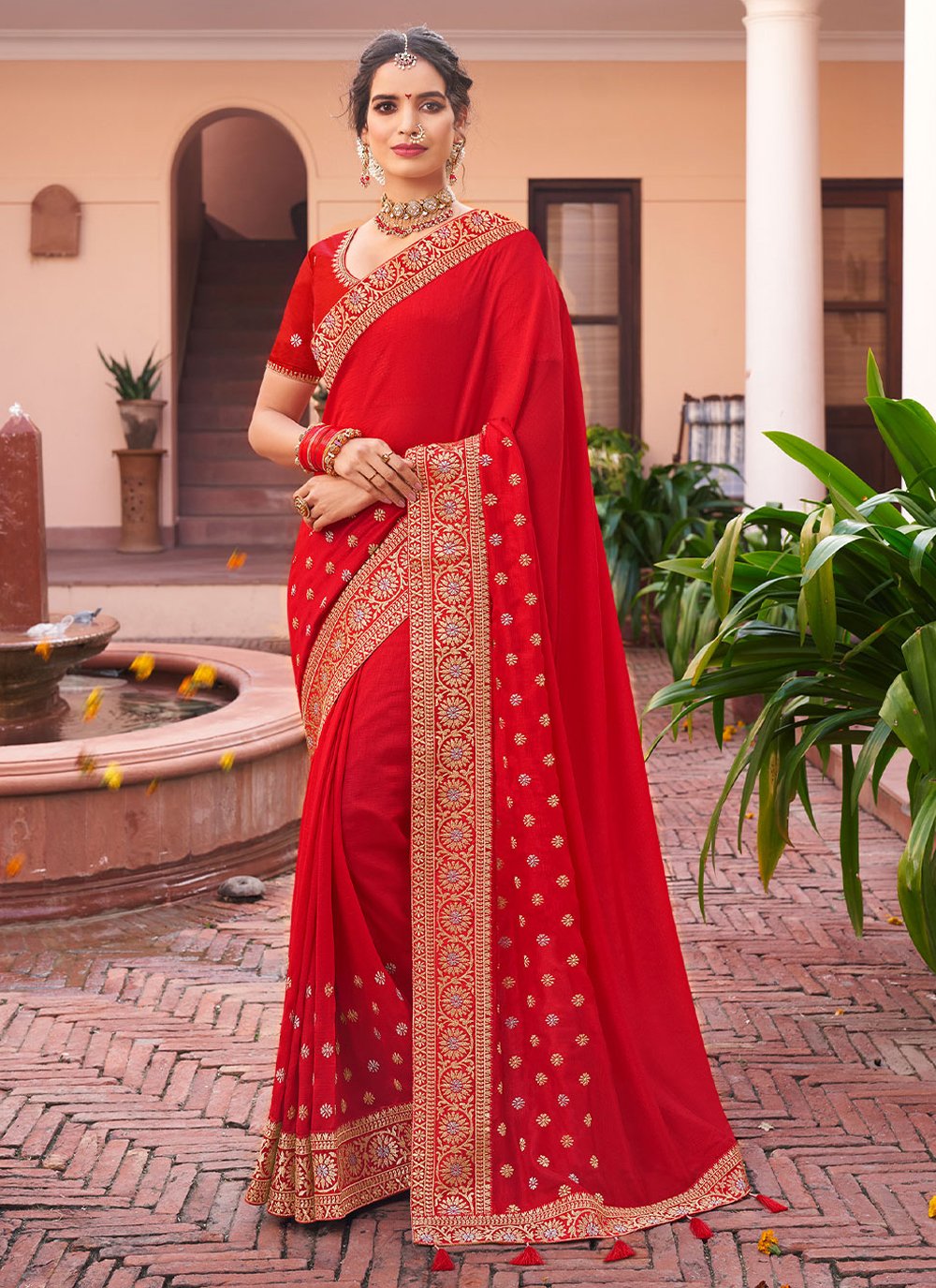 Trendy Saree Vichitra Silk Red Embroidered Saree