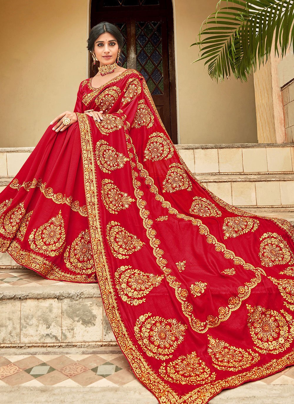 Trendy Saree Vichitra Silk Red Diamond Saree