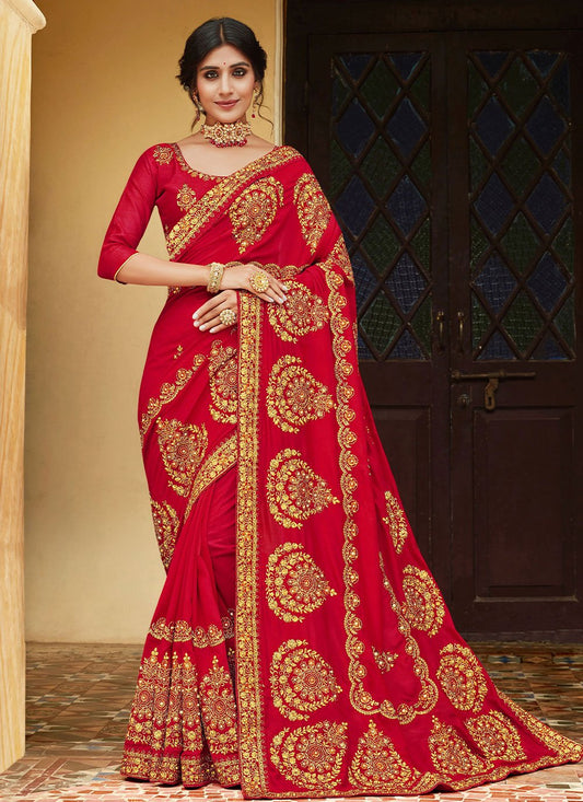 Trendy Saree Vichitra Silk Red Diamond Saree